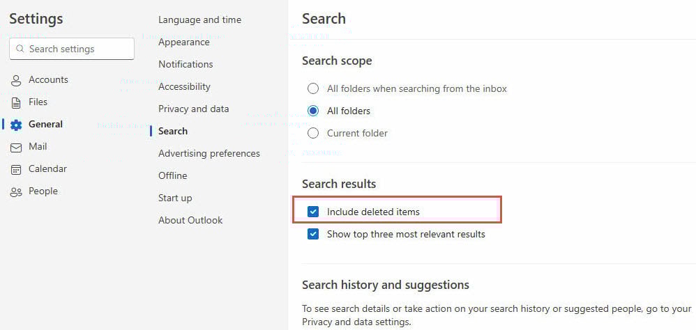 Include deleted items in search scope in new Outlook app settings.