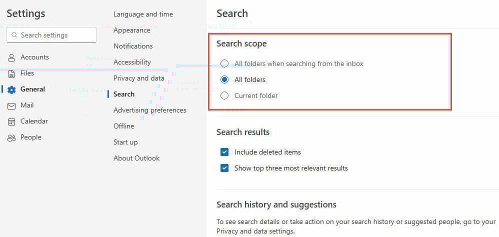 Set search scope to "All folders" in new Outlook app settings.
