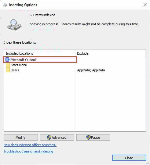 Verify Outlook is in the included locations in the indexing options.