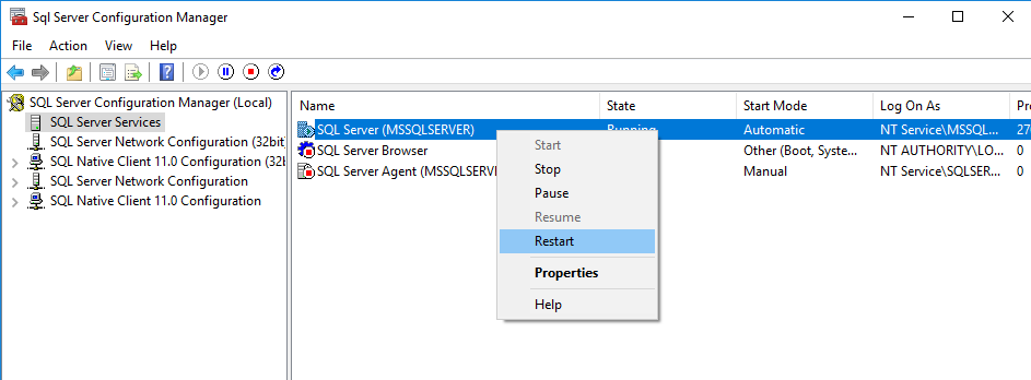 Restart the SQL Server service in SQL Server Configuration Manager.