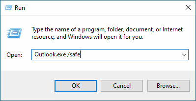 Open Outlook in safe mode via the Windows run dialog.