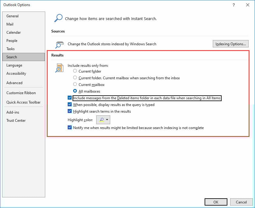 Set the default search result settings in Outlook options.