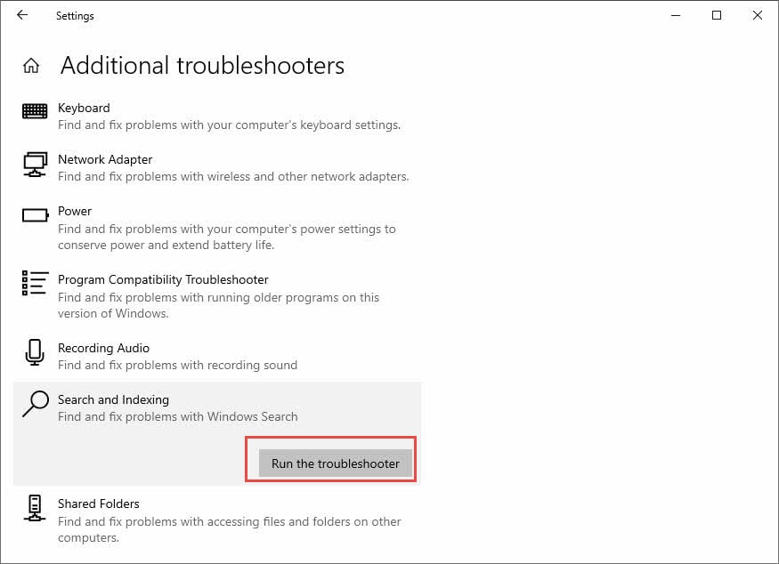 Run the troubleshooter for search and indexing in Windows settings.
