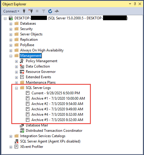 Checking SQL Server error logs for recovery progress messages.