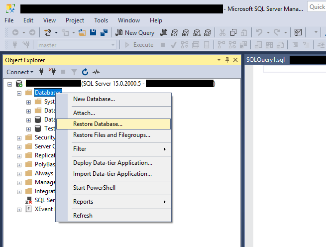 Start a restore database task in SQL Server Management Studio