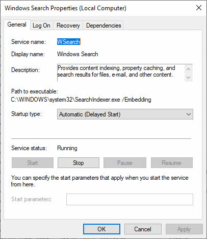 Check the Windows Search service status. 