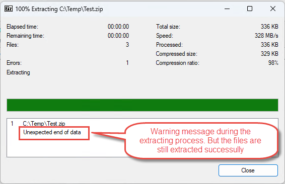 7-Zip extract result message box