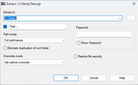 Confirm the options in extract dialog in 7-Zip.