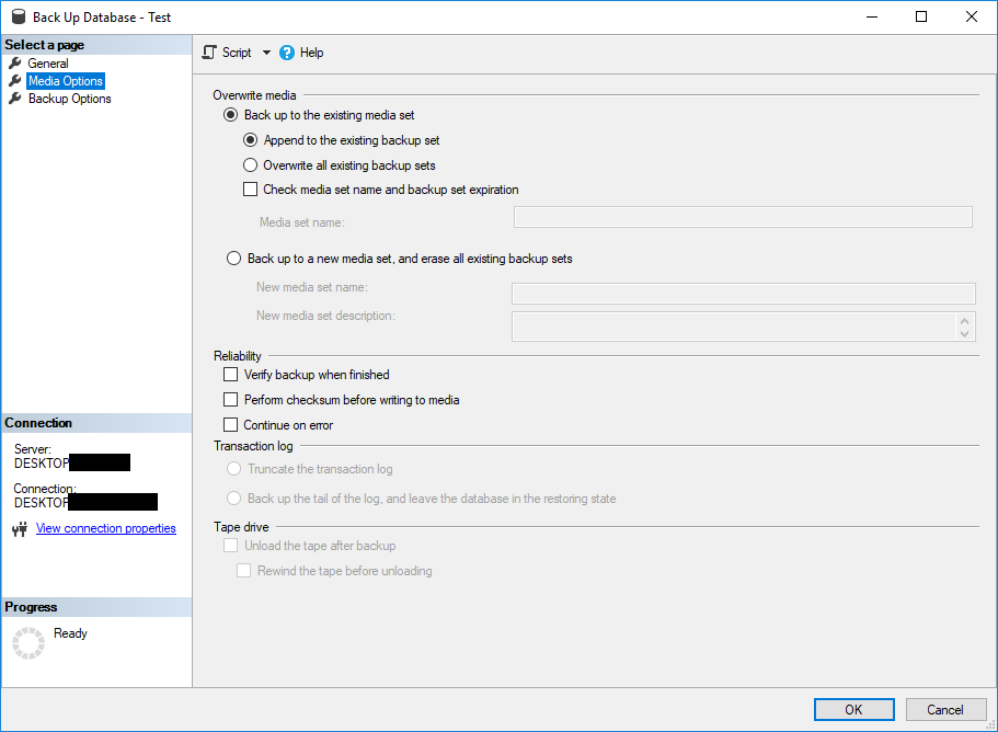 Set the backup media options in SQL Server Management Studio.