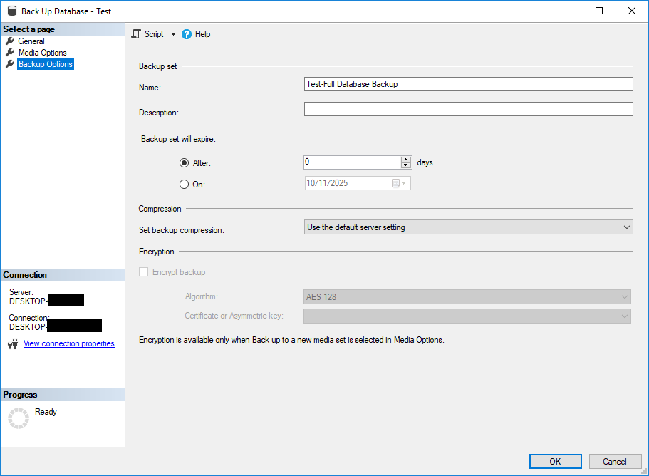 Set the backup options in SQL Server Management Studio.