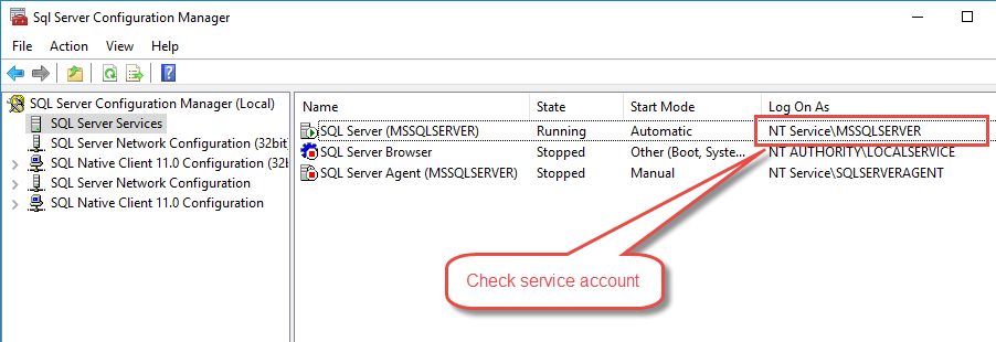 Check the SQL Server service account to solve the SQL database recovery pending problem.