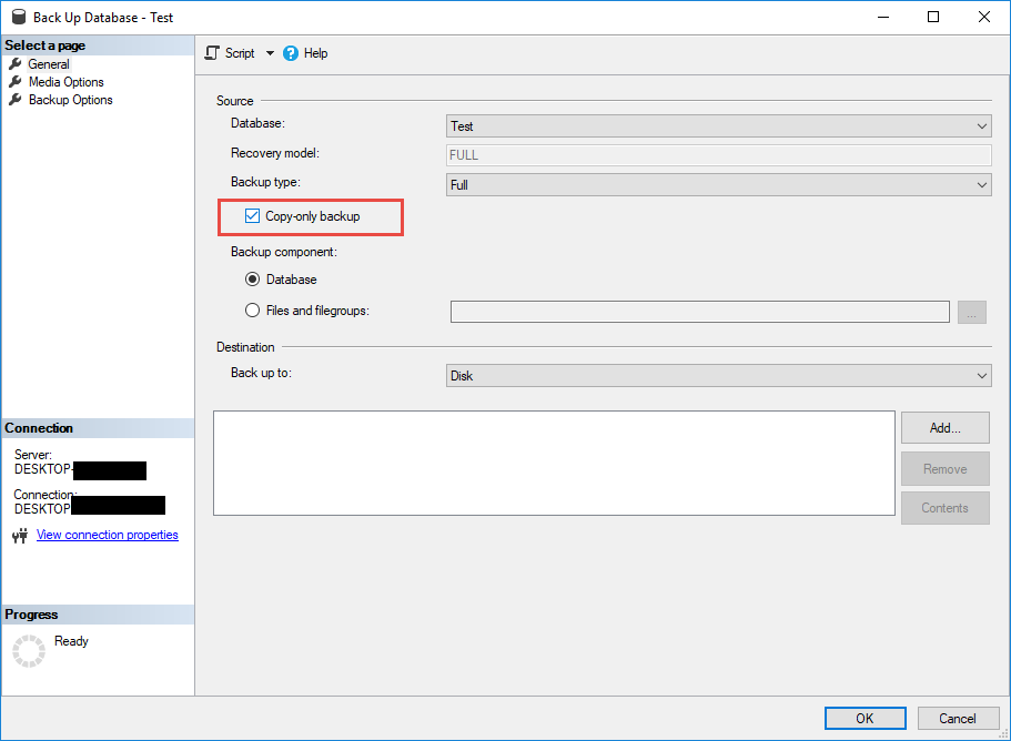 Create a copy-only backup of a SQL Server database in SQL Server Management Studio. 