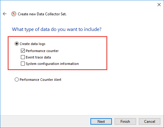 Select Create data logs -> Performance Counter in Create new Data Collector Set wizard.