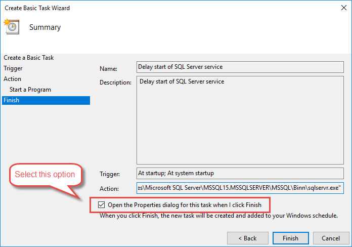 Create a task to delayed start SQL Server in Windows Task Scheduler.