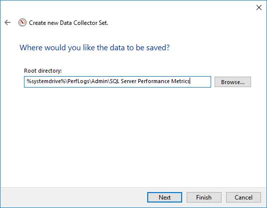 Set the location to save the performance data in new Data Collector Set wizard.