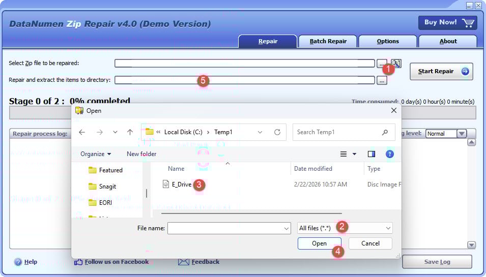 Use DataNumen Zip Repair to recover Zip archive data from a disk image file.