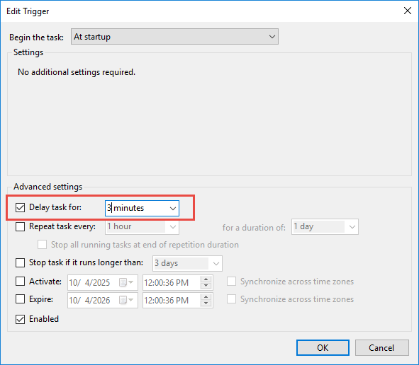 Set the task to delayed start after 3 minutes to solve the SQL database recovery pending error.