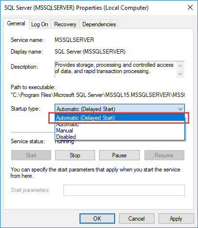 Change SQL Server startup type to Automatic (Delayed Start) to solve the SQL database recovery pending problem.
