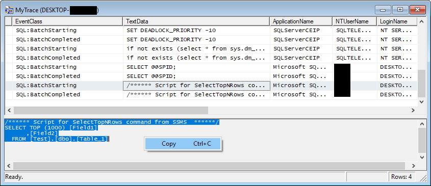 Extract SQL query from the trace event.