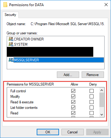 Check and correct the permission of the SQL Server service account for the SQL Server data folder.