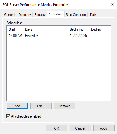 Set the schedule for the Data Collector Set