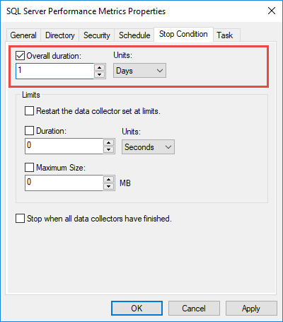 Set the stop condition for the Data Collector Set