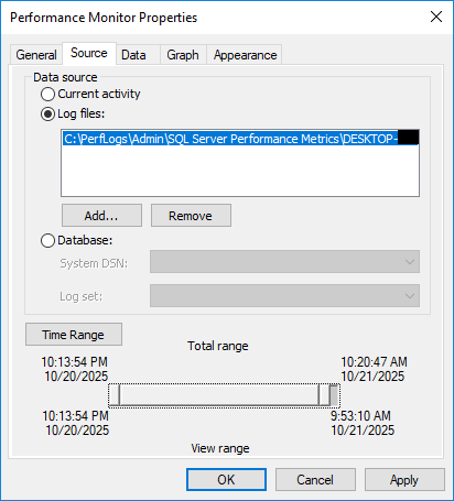Set log file as the source of the graphic in PerfMon.