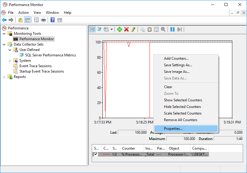 Open properties in PerfMon by right-clicking anywhere in the graph area.