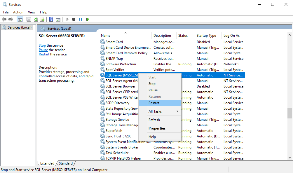 Restart the SQL Server service in the services console to solve the SQL database recovery pending issue.