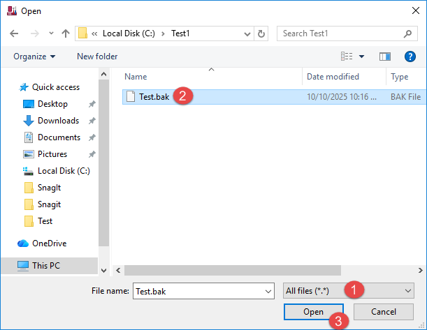 Select the corrupt backup file (*.bak) as the source file to be recovered.