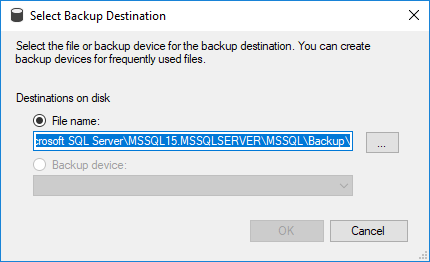 Set the backup destination in SQL Server Management Studio.