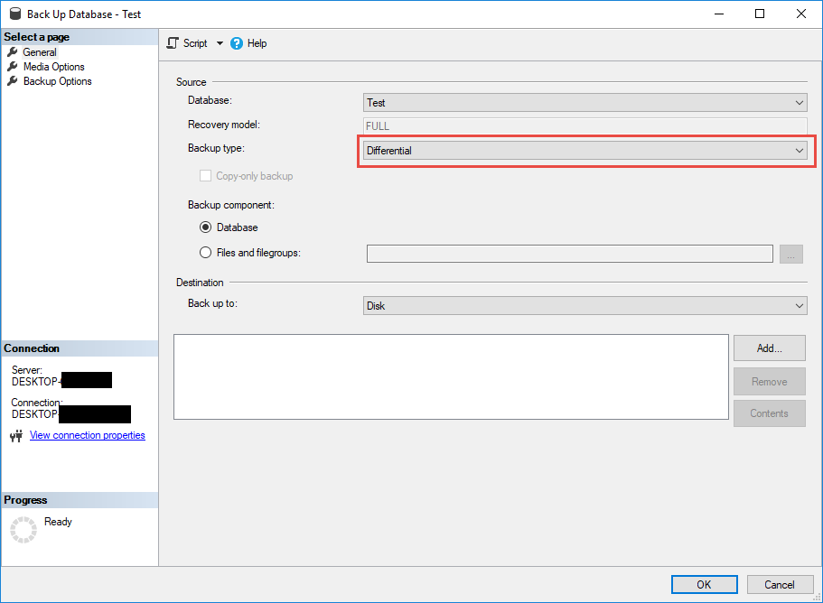 Create a differential backup of a SQL Server database in SQL Server Management Studio.