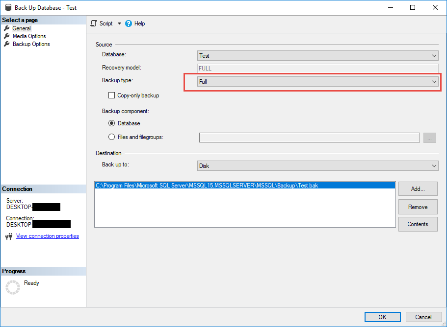 Create a full backup of a SQL Server database in SQL Server Management Studio.