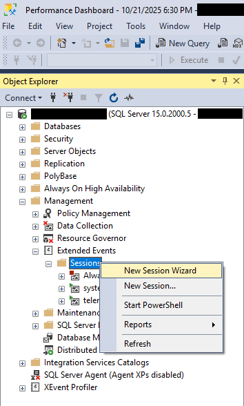 Start a new session of Extended Events in SQL Server Management Studio.