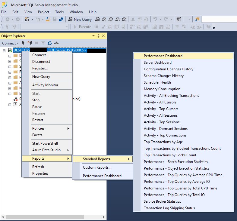 Open Performance Dashboard in SQL Server Management Studio.