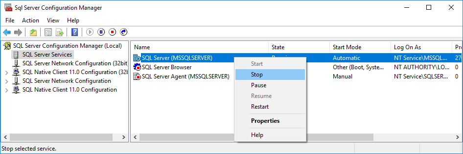 Stop the SQL Server service in the services console.