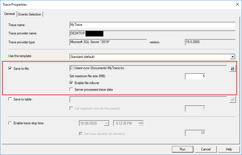 Set to save trace data to a file in the "Trace Properties" dialog.