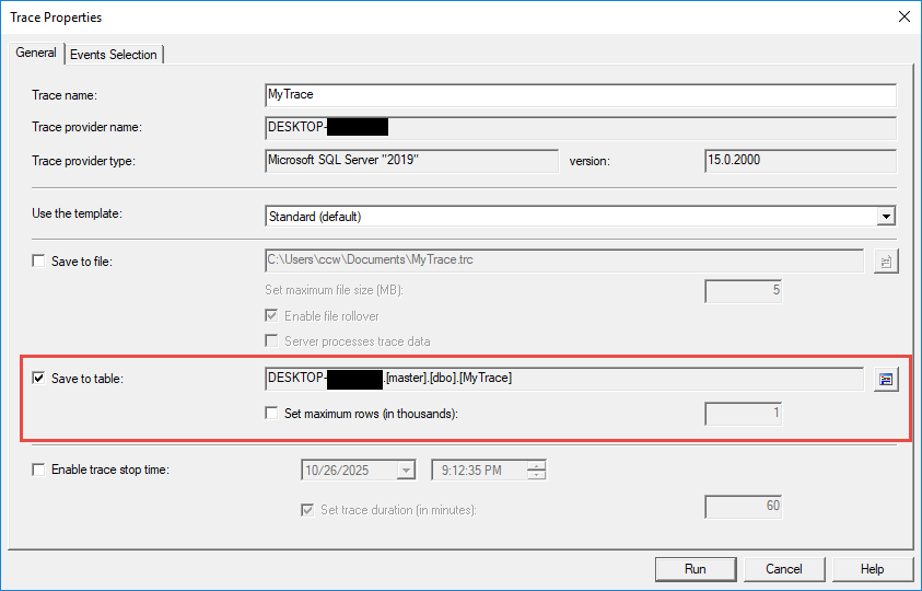 Set to save trace data to a table in the "Trace Properties" dialog.