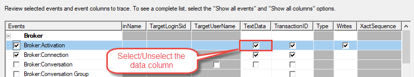 Select/Unselect the data columns for an event in the "Trace Properties" dialog.