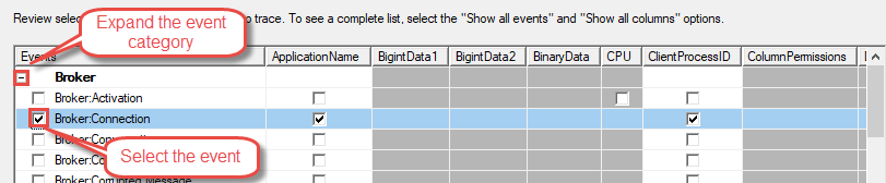 Select an event in the "Trace Properties" dialog.