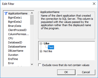 Set the filter for a data column in the "Trace Properties" dialog.