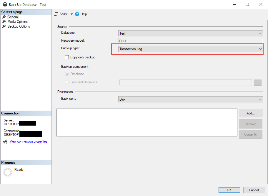 Create a transaction log backup of a SQL Server database in SQL Server Management Studio.