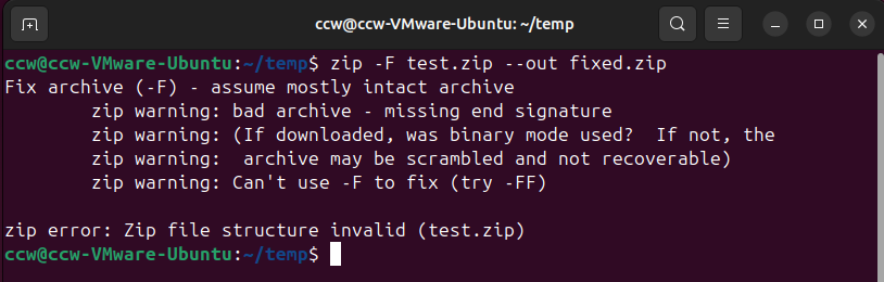Use zip -F to repair zip file from command line (Terminal) in Linux.