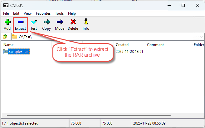 Extract a RAR archive via "Extract" icon in 7-Zip.