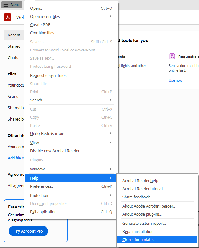 Check for Updates in Adobe Acrobat Reader