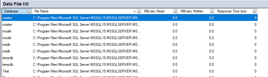 The Data File I/O Pane in SQL Server Activity Monitor.