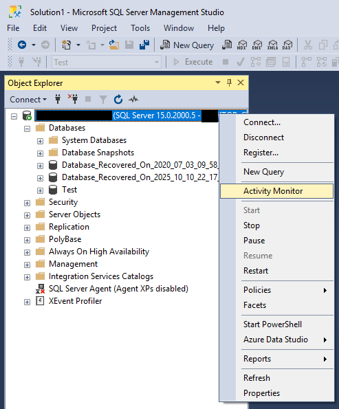 Start SQL Server Activity Monitor by right-clicking the instance in Object Explorer in SQL Server Management Studio.
