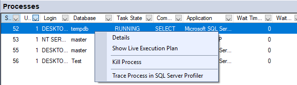 Perform actions on the processes in SQL Server Activity Monitor.