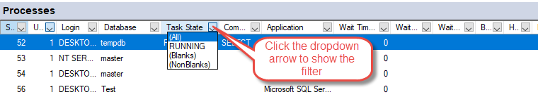 Filter the processes in SQL Server Activity Monitor.