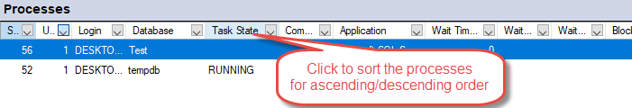Sort the processes in SQL Server Activity Monitor.